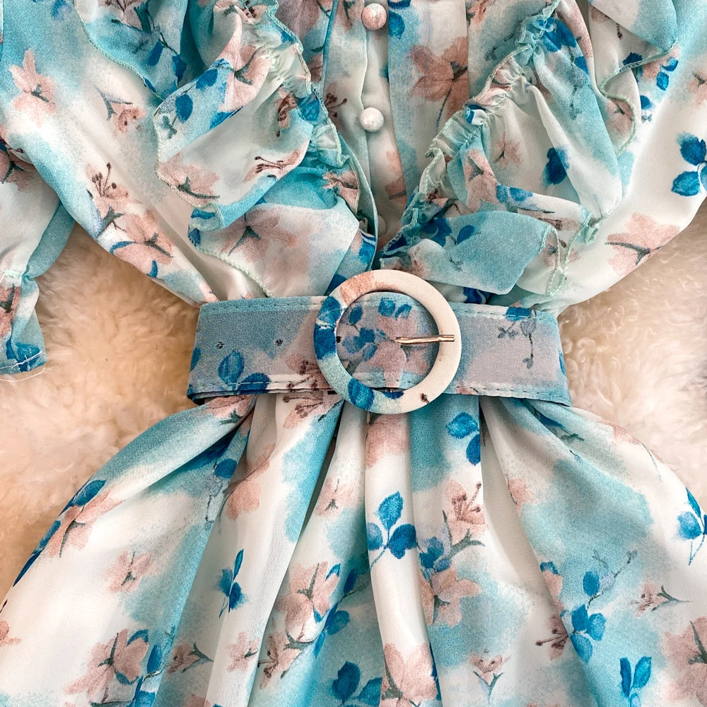 Summer Women Fashion Floral Print Casual Midi Dress Short Sleeve A-Line Maxi Boho Holiday Clothes Female Long Robe Mujers New