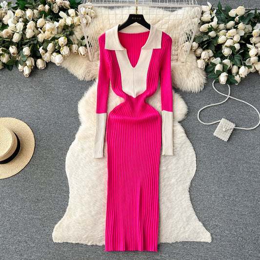 Elegant Polo-neck Long Sleeve Knit Bodycon Pencil Dress Slim Basic Fashion Sweater Vestido Sexy Women Autumn Winter Clothing