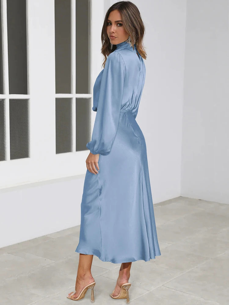 Spring Summer New High-End Satin Long Sleeved Dress Women's Ladylike Elegant Evening Dress Party Clothes Celebrity Dresses