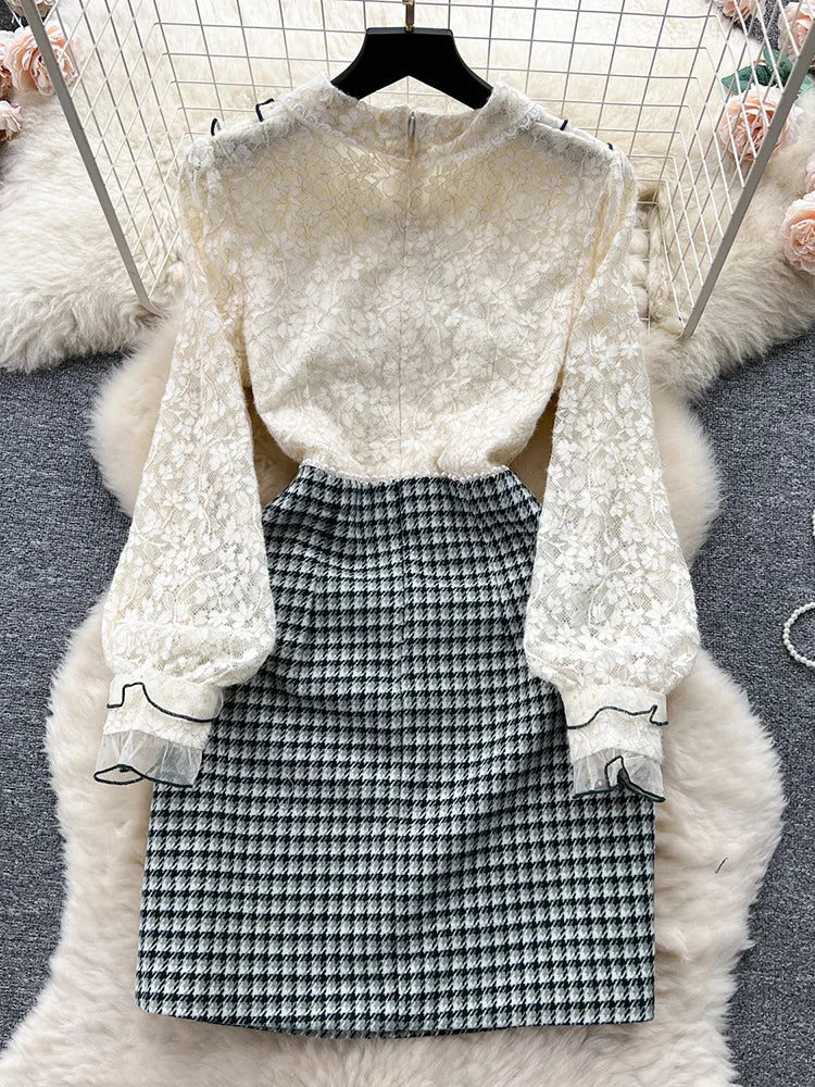 Winter Clothes Women Dresses Long Sleeve Lace Patchwork Textured Tweed Dress Ruffled Trim Lapel Collar Bow Elegant Mini Dress