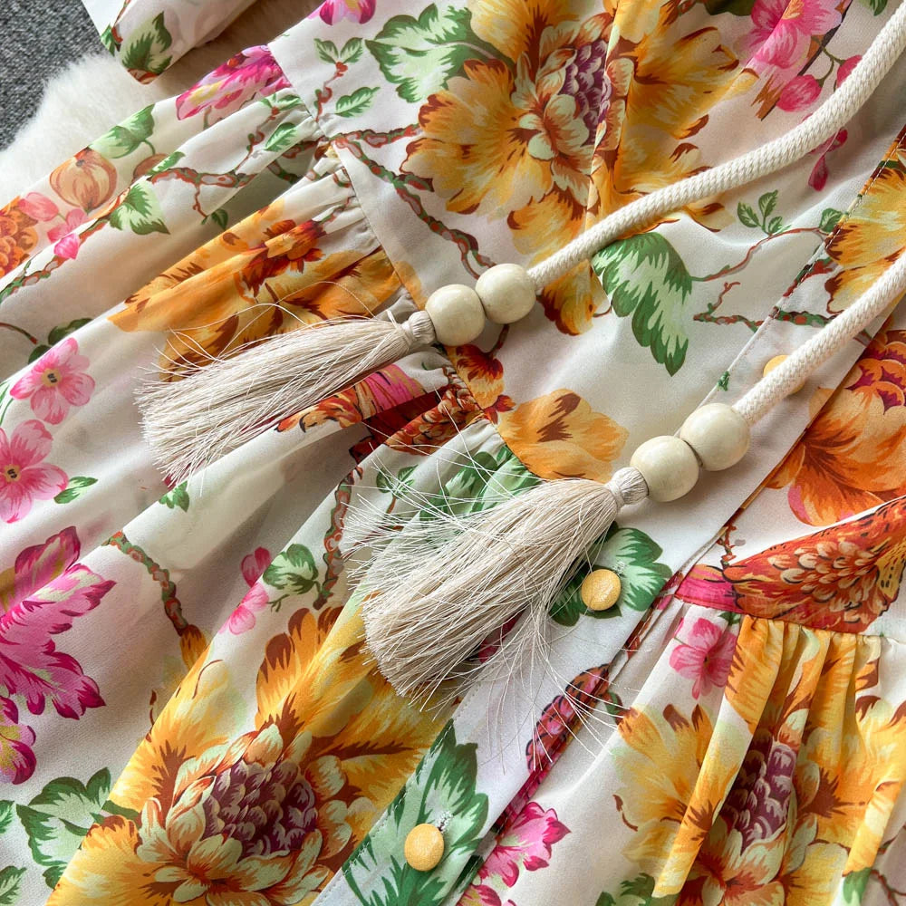 Spring Vacation Dresses For Women Long Sleeve Vintage Floral Print Dress Stand Collar Ruffle Hem Chiffon Mini Dress Tie Belt
