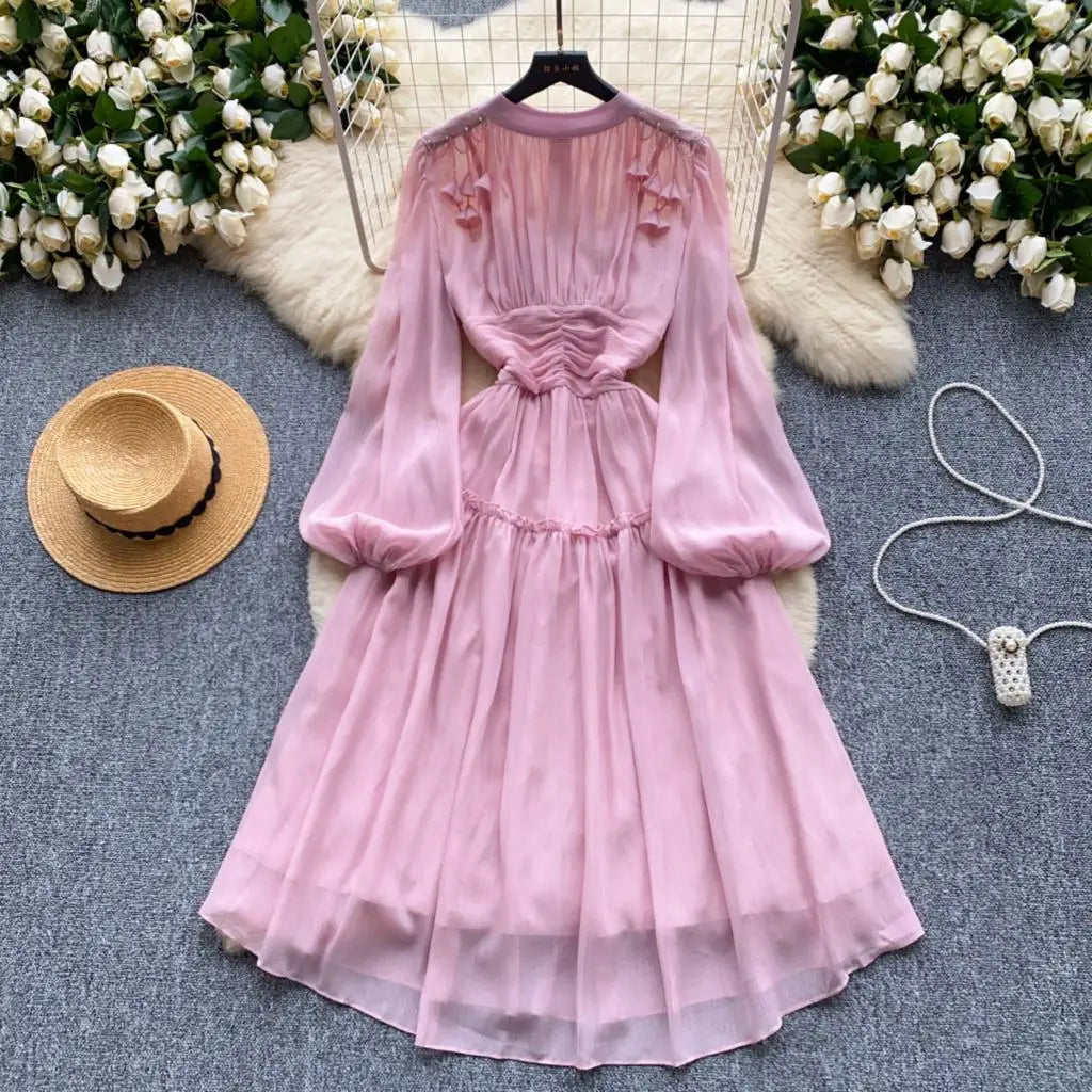 Elegant Tassel Beaded Lantern Sleeve Midi Dress Women French Stand Collar Slim A-Line Pleated Female One Piece Casual Mujer New
