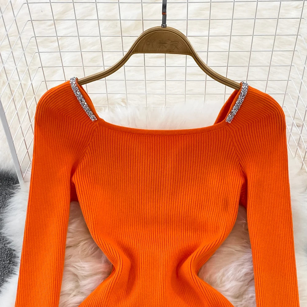 Chic Elegant Glitter V Neck Long Sleeve Elastic Bodycon Dress Sexy Fashion Knit Pencil Vestidos Slim Autumn Winter party robe