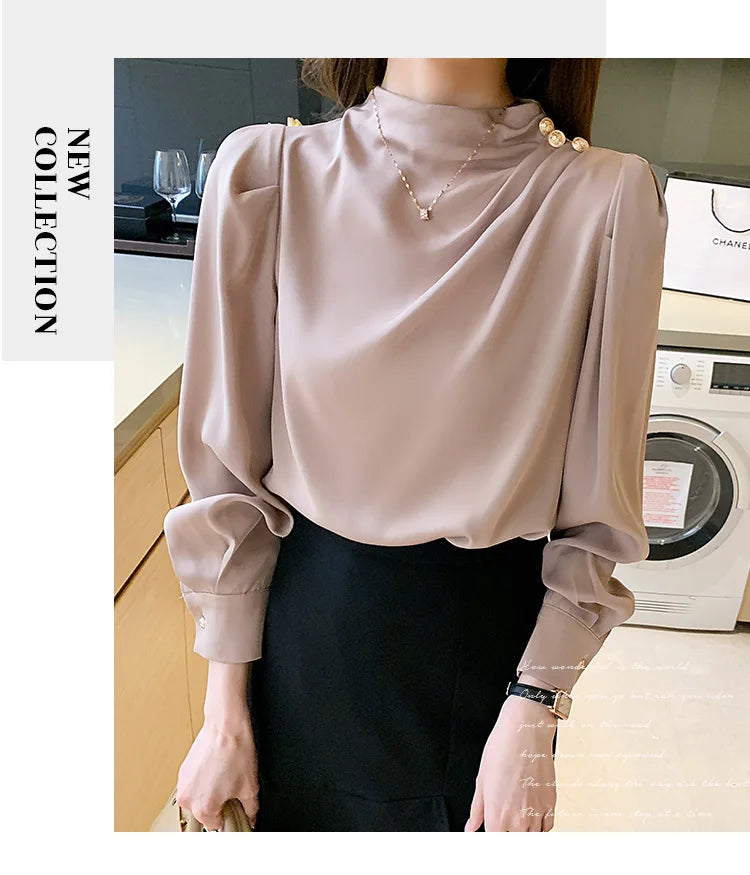 Autumn New Women's Style Stand up Collar Pleated Long Sleeve Top Fashion Lantern Sleeve Loose Elegant Solid Color Shirt Blouse
