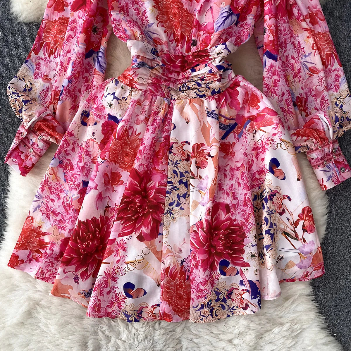 Short Dresses 2023 Fashion Women Clothing Party Elegant Vintage Floral Print Dress Womens V Neck Long Sleeve Mini Vacation Dress