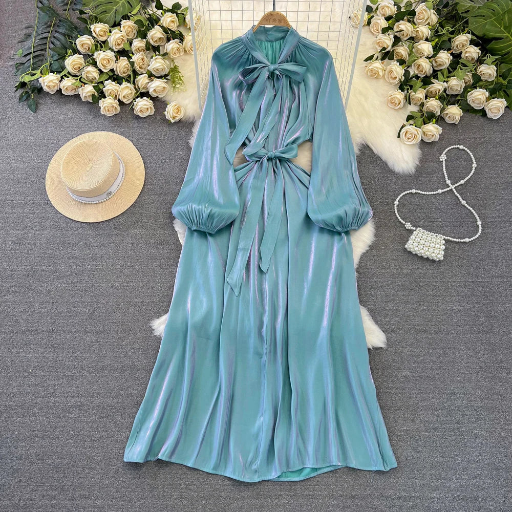 Autumn Elegant Women Fashion Party Long Dress Bow Lace Up Long Sleeve Evening Dresses A-Line Casual Vestidos One Piece Prom Robe