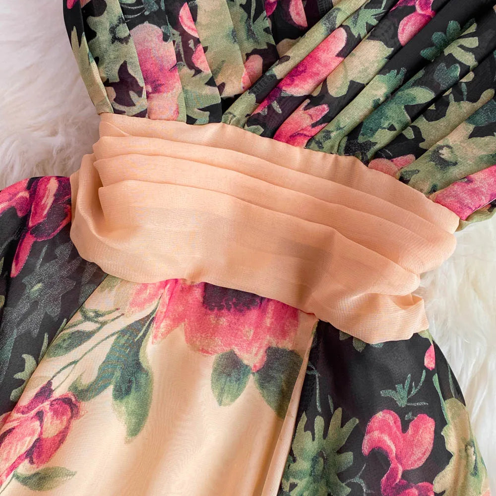 Elegant Evening Party Dress Women Sexy V-neck Floral Printed A-line Long Dresses Ladies Sleeveless Slim A-line Chiffon Long Robe