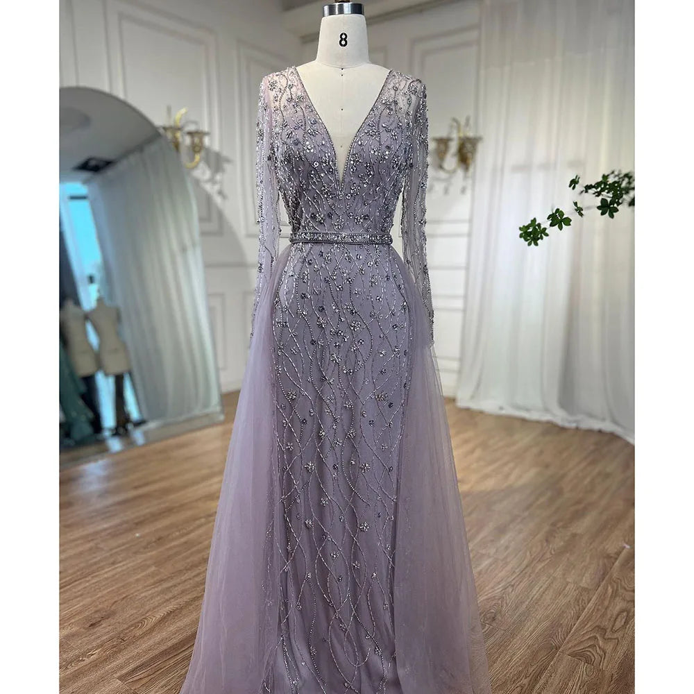 Lilac Long Sleeves Luxury Evening Dresses 2024 Dubai Elegant Diamond Mermaid Beaded Formal Dress Serene Hill LA70341
