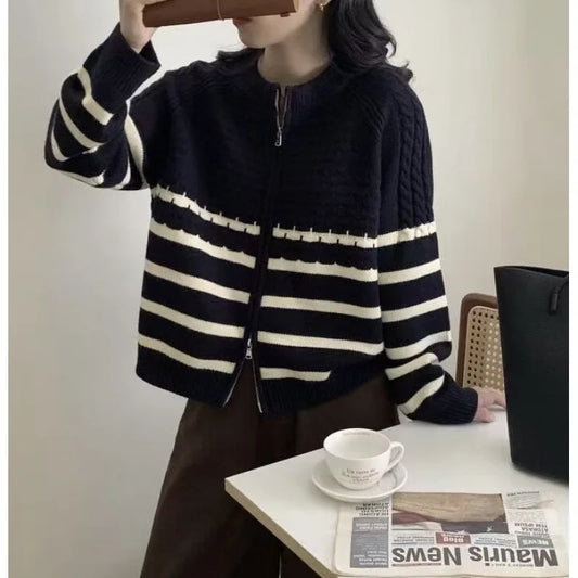 Autumn Winter Korean Edition Stripe Color Contrast Double Zipper Short Knitted Cardigan Women's Loose Fit Long Sleeve Sweater