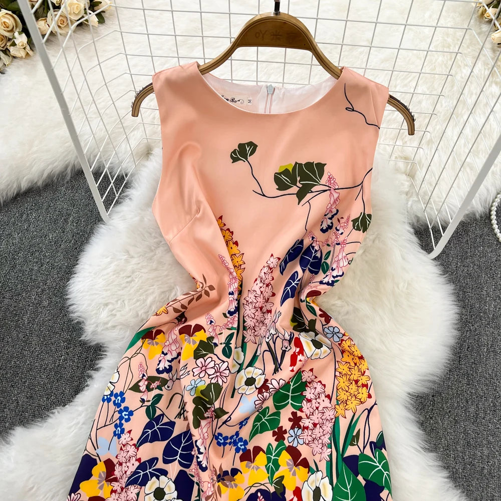 Short Dresses 2023 Fashion Women Clothing Elegant Vintage Print Party Dress Summer Sleeveless Round Neck A Line Mini Dress