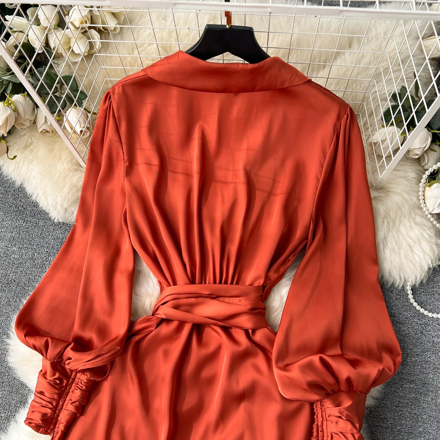 Women Elegant Satin Dress Summer Bandage High Waisted Ruffled Irregular Blazer Dresses Ladies A-line Vintage Party Long Robe