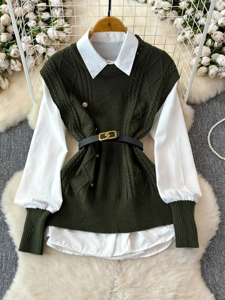 XFPV Women's Sweet Long Sleeve Shirt Top Sweater Knitted Vest Shirt Two Piece Set Y2k Korean Fashion Tide Autumn 2024 SM11613