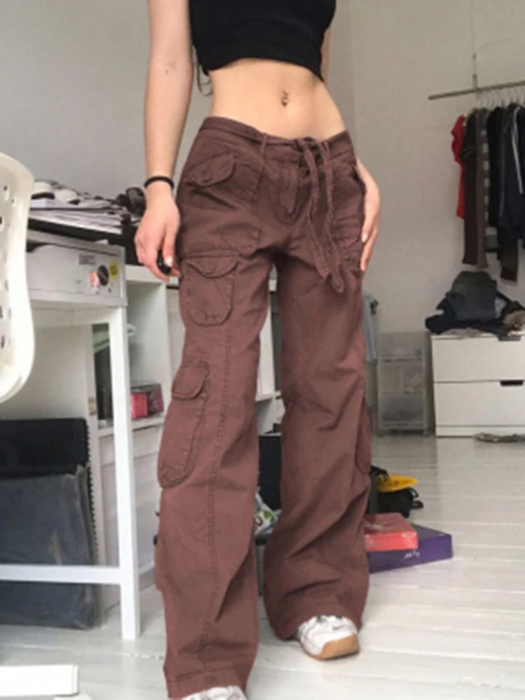 Women's High Waist Cargo Pants with Lace Belt Street Multi Pocket Straight Leg Casual Trousers Spring Autumn New Y2K Vintage