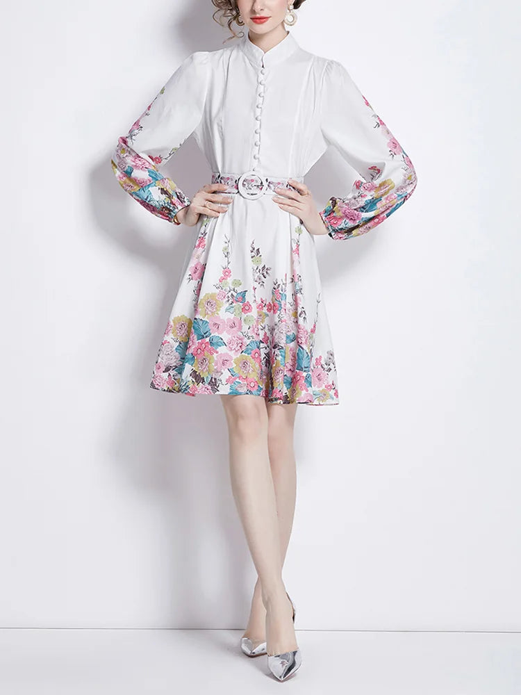 Spring Clothes For Women Vintage Floral Print Dress Stand Collar Long Sleeve Mini Dress With Belt Wedding Elegant Party Dresses
