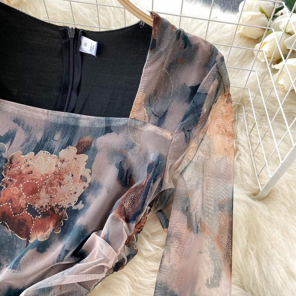 Elegant High Waist Fashion Print Pleated Split Dress Long Sleeve Square Neck Vestidos Autumn Winter Pencil Dress