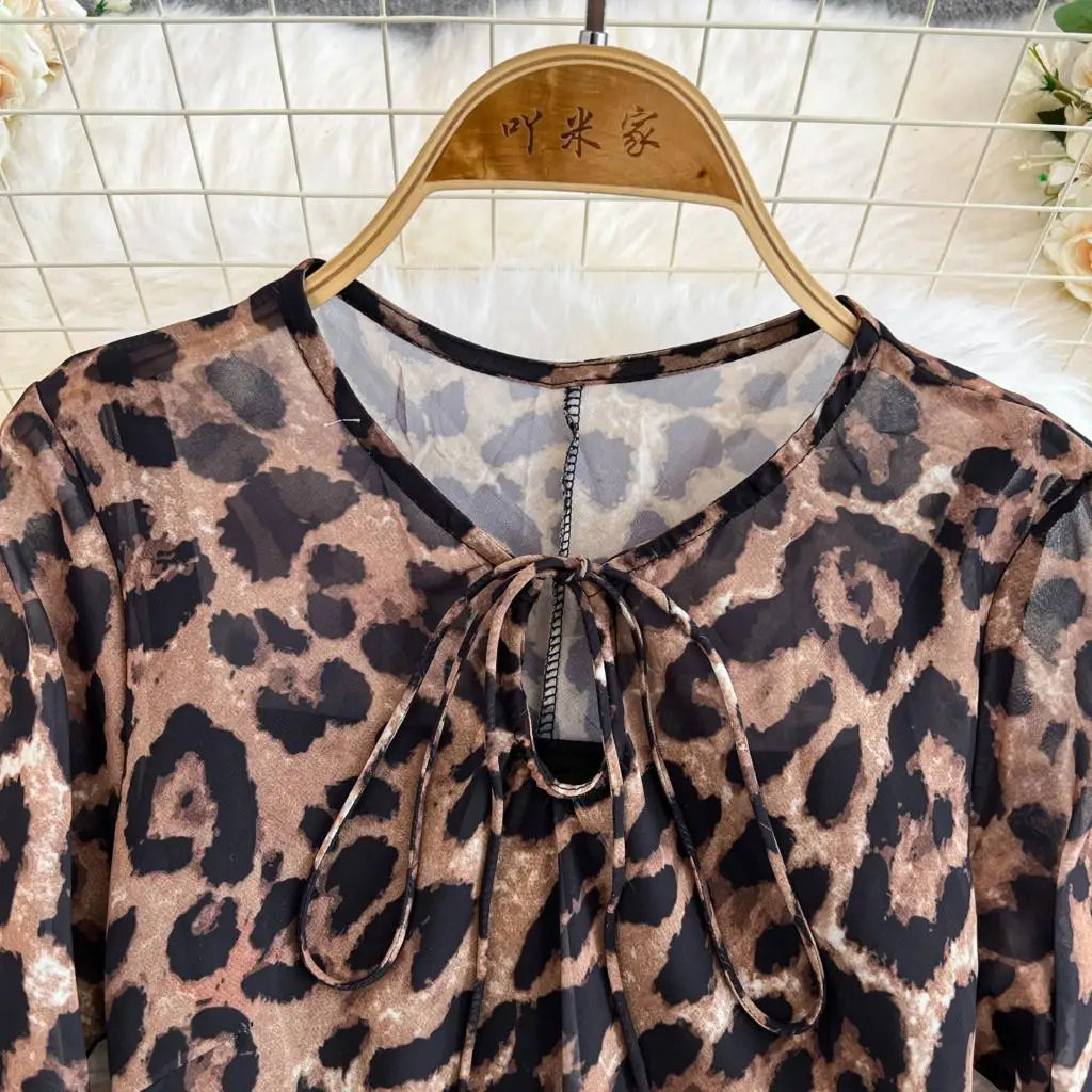 Autumn Elegant Women Leopard Print Long Sleeve Dress Casual Loose A-Line Slit Evening Dresses New Fashion Vintage Vestido Mujers