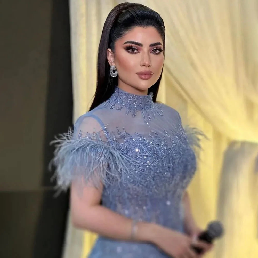 Serene Hill 2024 Arabic blue A Line Short Sleeveless Luxury Evening Dresses Beaded Feathers For Women Wedding Party LA72351