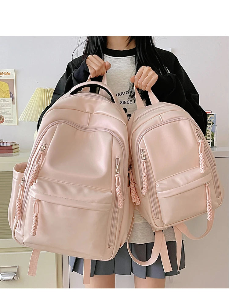Korean Fashion College Student School Bags Women's New Trendy Casual Glossy Leather Backpacks Versatile Large Capacity Handbags