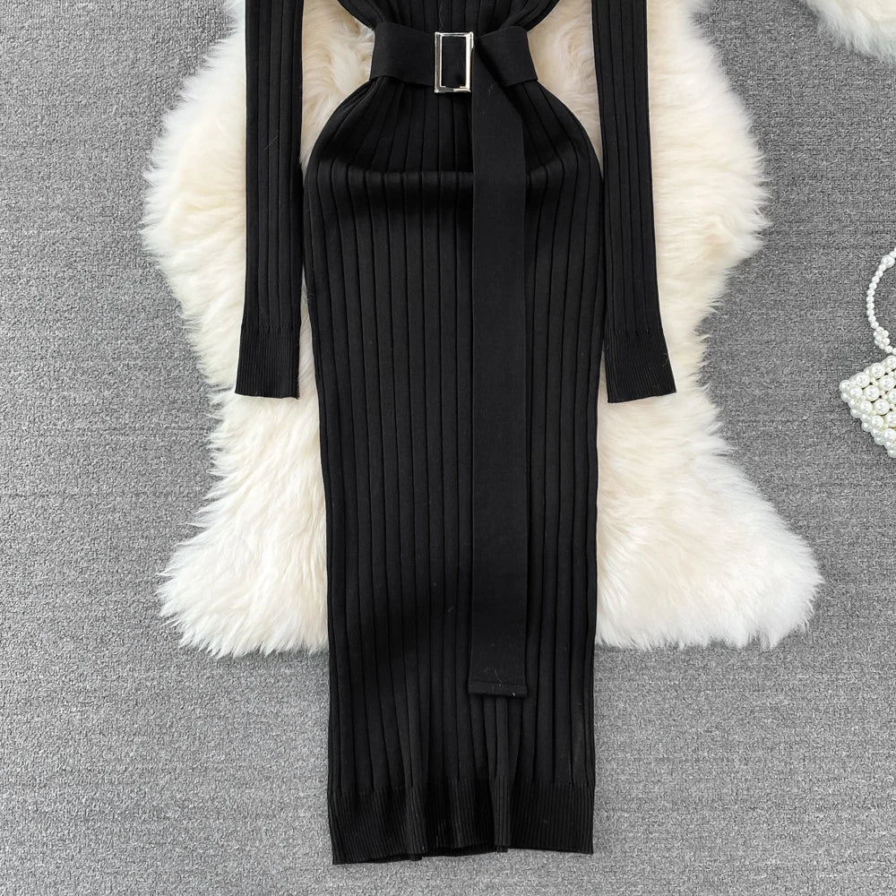Chic Elegant Turtleneck Long Sleeve Bodycon Dress with Belt Sexy Fashion Knit Vestido Slim Autumn Winter Pencil Sweater Robe