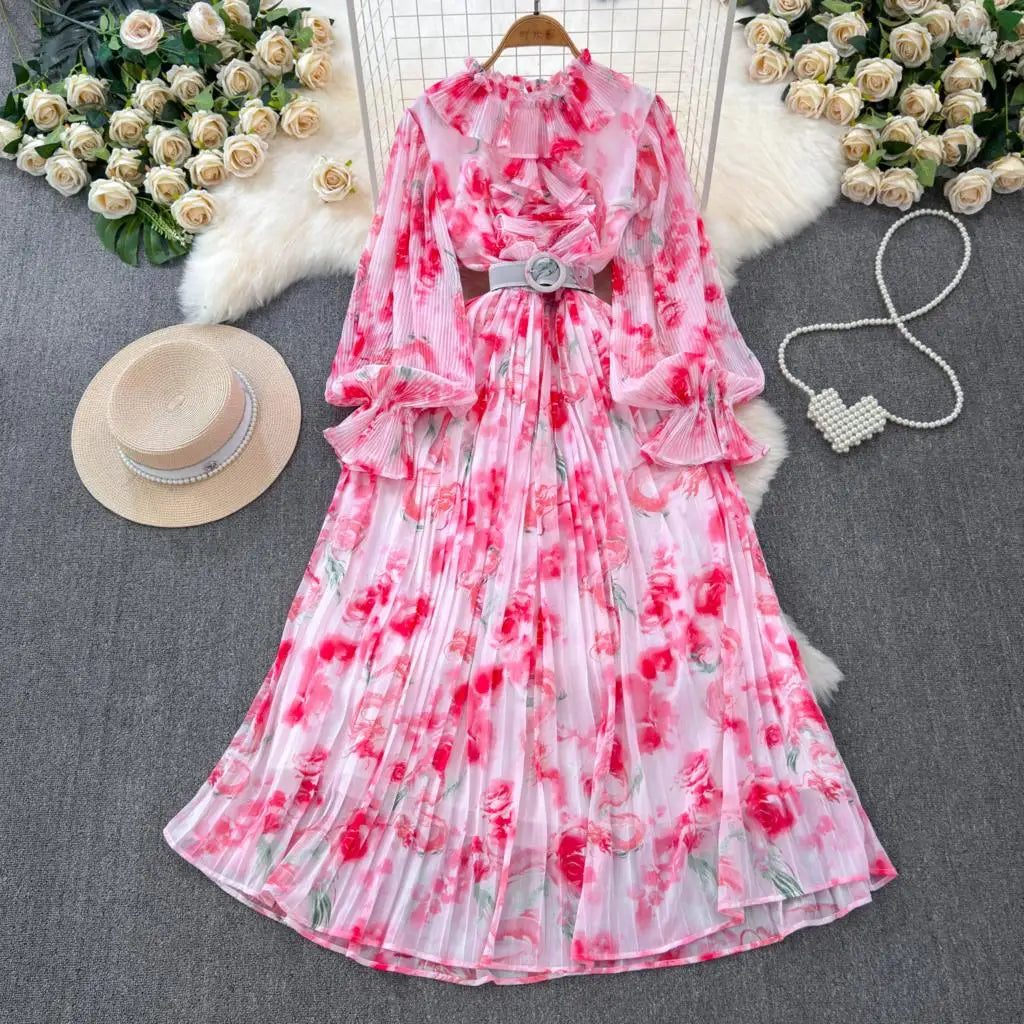 Summer Vintage Casual A-Line Floral Print Women Dress Elegant Chic Pleated Party Prom Vestidos with Belted Female Long Robe