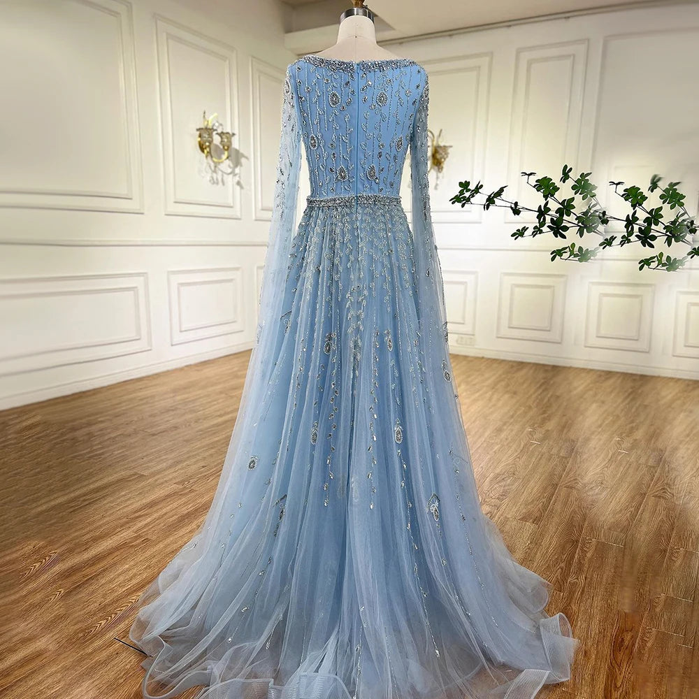 Serene Hill 2024 Muslim Pink A Line Beaded Elegant Cape Sleeve Luxury Evening Dresses Gowns For Women Wedding Party LA71803A
