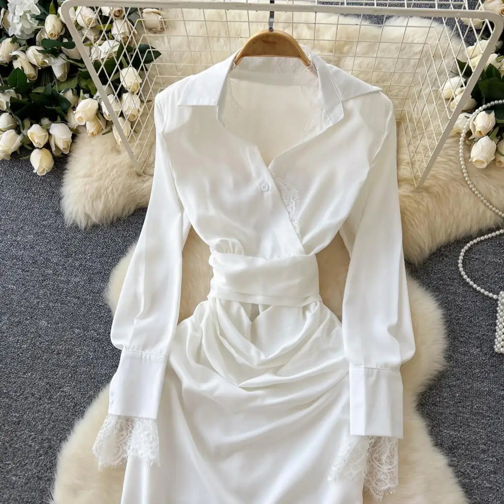 Elegant Solid Satin Midi Dress for Women Autumn Long Sleeve Lace Patchwork Office Work Shirt Dresses Lace-up Slim Waist Vestidos