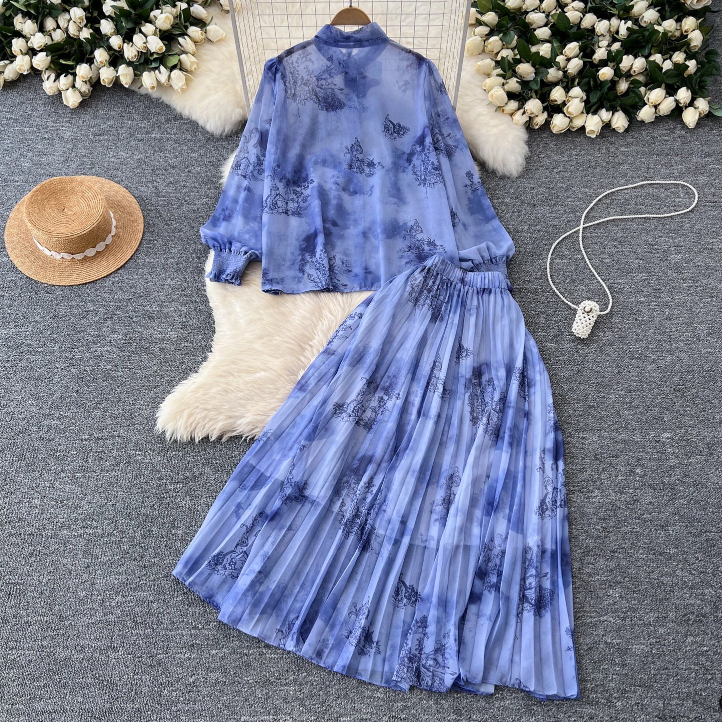 Women Chic Print Sweet Two Pieces Sets Bow Lantern Long Sleeve Top  High Waitst Wide Skirt Fashion Summer Sets
