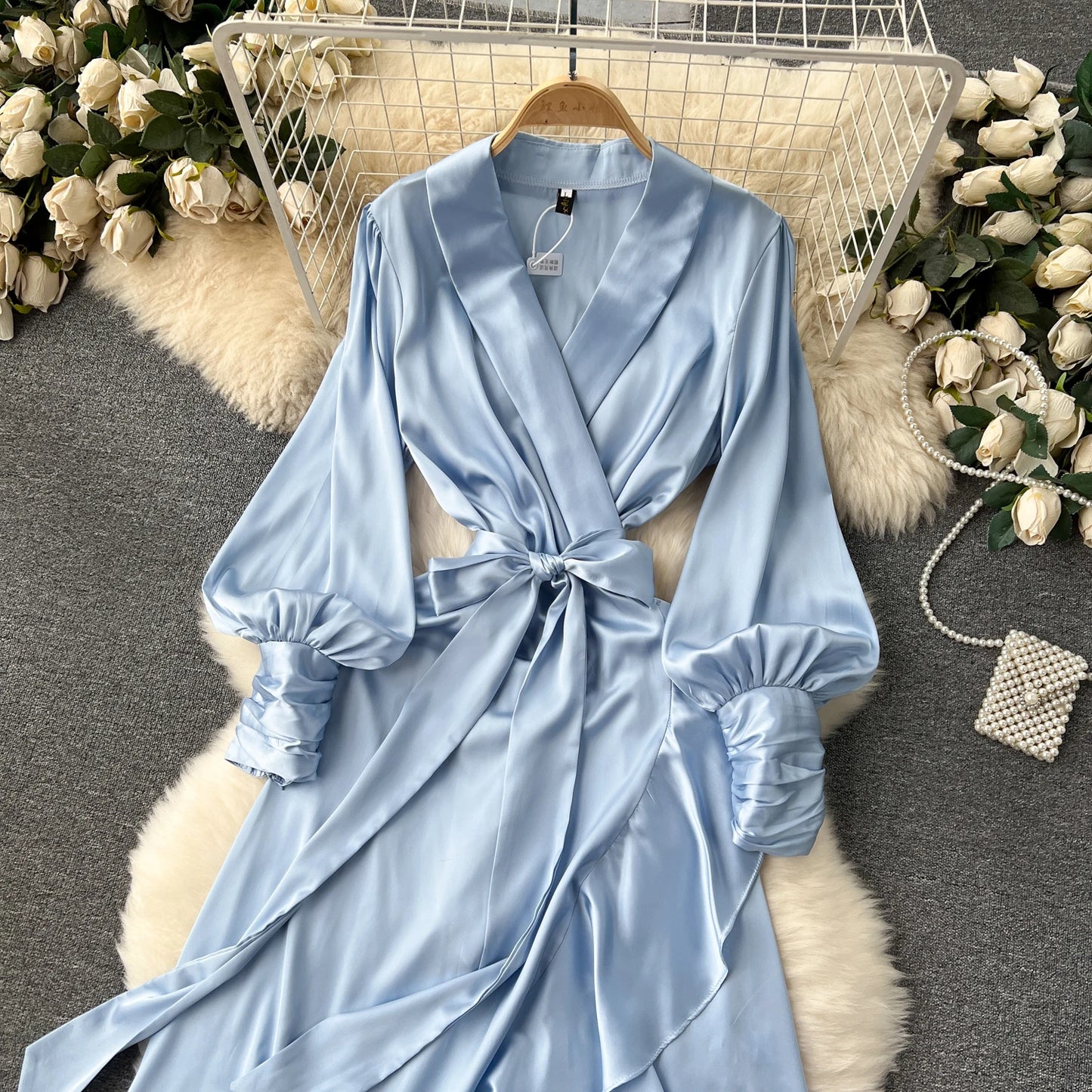 Women Elegant Satin Dress Summer Bandage High Waisted Ruffled Irregular Blazer Dresses Ladies A-line Vintage Party Long Robe