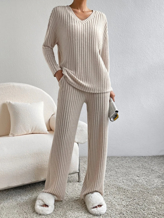 Pit striped Knitted Two Piece Set for Women Spring Solid Casual 2-piece V-neck Pullover Sweater+Straight Leg Pants Trendy Female