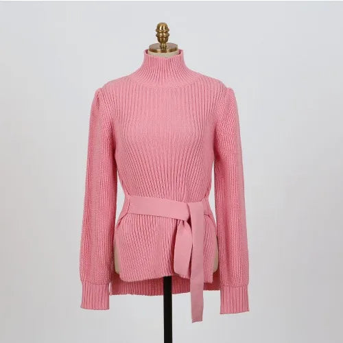 Elegant Half High Collar Strap Waist Tight Fit Design Fashionable Long Sleeve Sweater Women's Autumn/Winter New Warm Sweaters