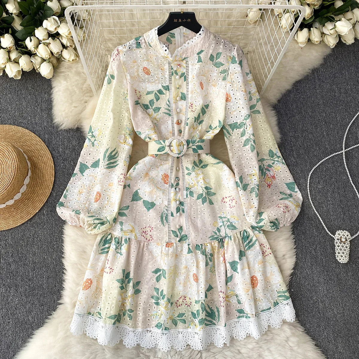Elegant Party Dresses Woman Lace Trim Cutwork Embroidery Vintage Floral Print Dress 2023 New In Long Sleeve Mini Dress With Belt