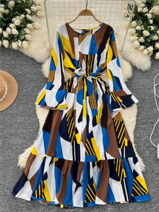 Women Vintage Print Dress for Women Autumn Flare Long Sleeves Lace Up Ruffles Slim Waist Evening Party Dresses A-Line Vestidos