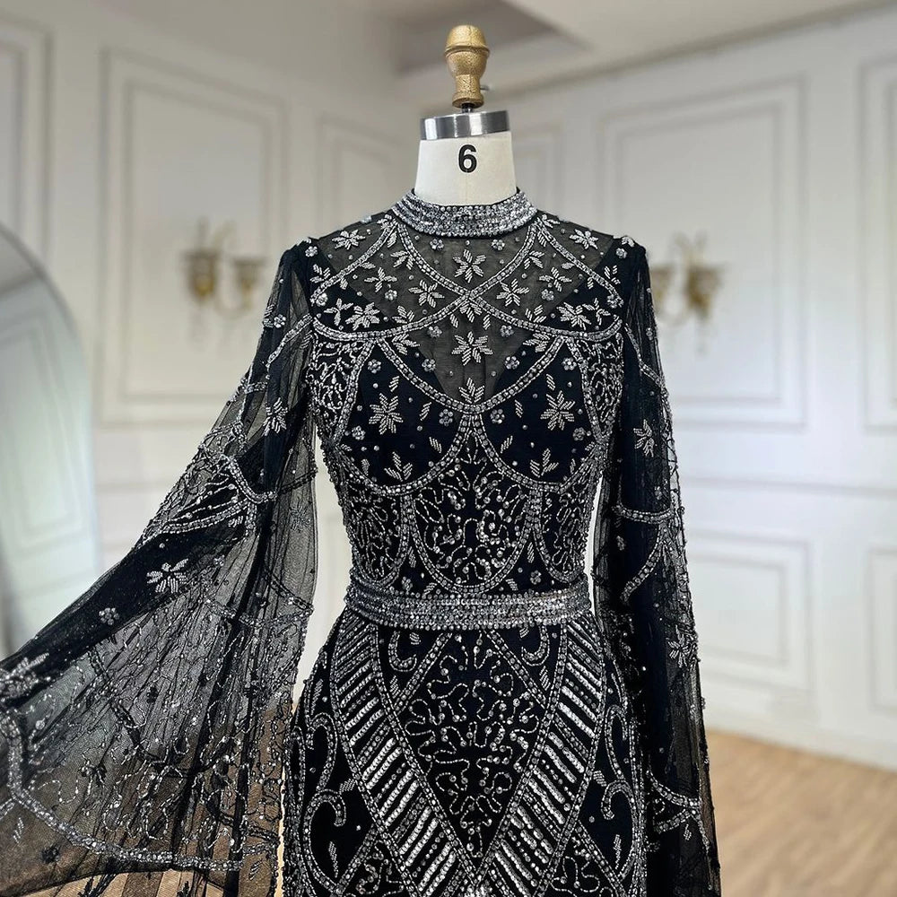 Serene Hill 2024 Muslim Nude Mermaid Elegant Bell Sleeve Beaded Luxury Dubai Long Evening Dress for Formal Occasion LA72316A