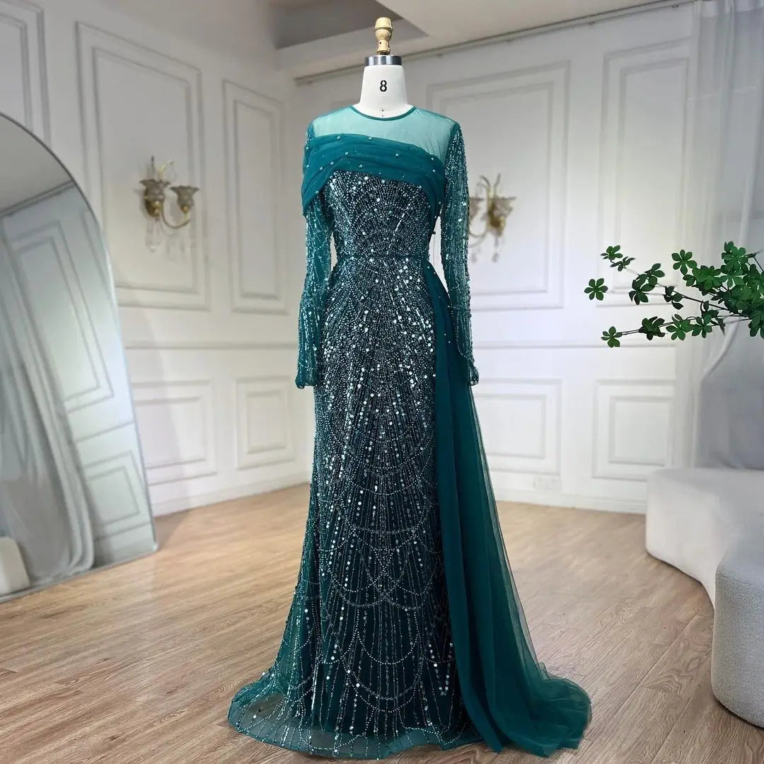 SERENE HILL 2024 Dubai Arabic Nude Mermaid Luxury Beaded Evening Dresses Gowns With Overskirt For Women Wedding Party GLA72254A