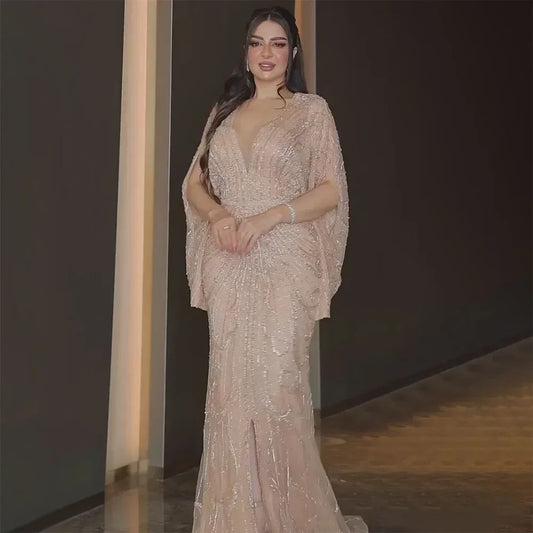 SERENE HILL 2024 Arabic Gold Elegant Mermaid Black Luxury Beaded Evening Dresses Gowns Diamond For Women Wedding Party GLA72288A