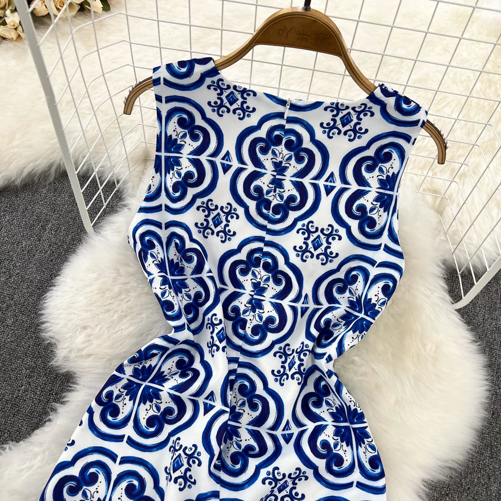 Short Dresses 2023 Fashion Women Clothing Elegant Vintage Print Party Dress Summer Sleeveless Round Neck A Line Mini Dress