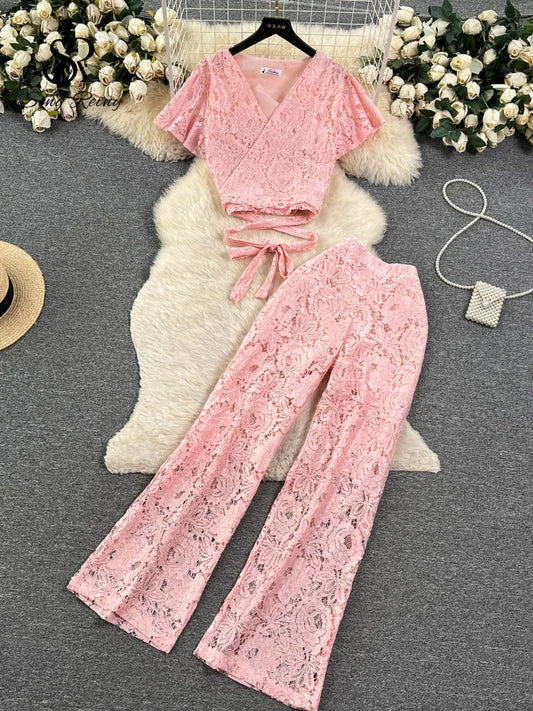 SINGREINY High Street Women Lace Slim Two Pieces Suits Summer Lace Up Short Top+Wide Legs Long Pants Set Retro Lace Floral Sets