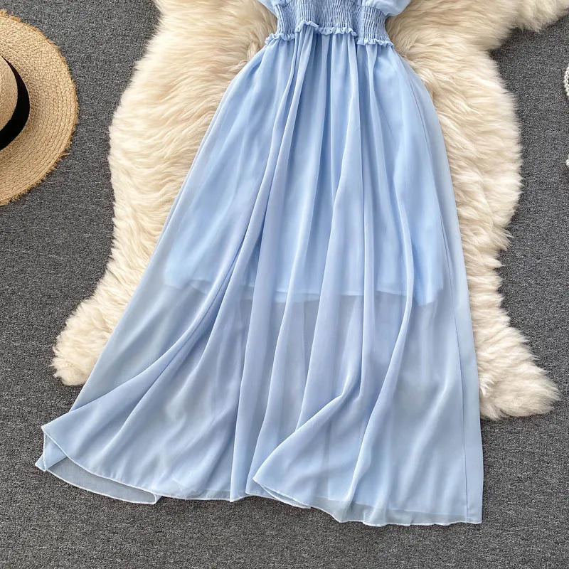 Women Chiffon Beach Dress Sexy Double Layer Ruffled Off The Shoulder Boho Dresses Ladies Sweet Slash Neck Long Dress