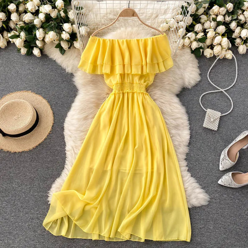 Women Chiffon Beach Dress Sexy Double Layer Ruffled Off The Shoulder Boho Dresses Ladies Sweet Slash Neck Long Dress