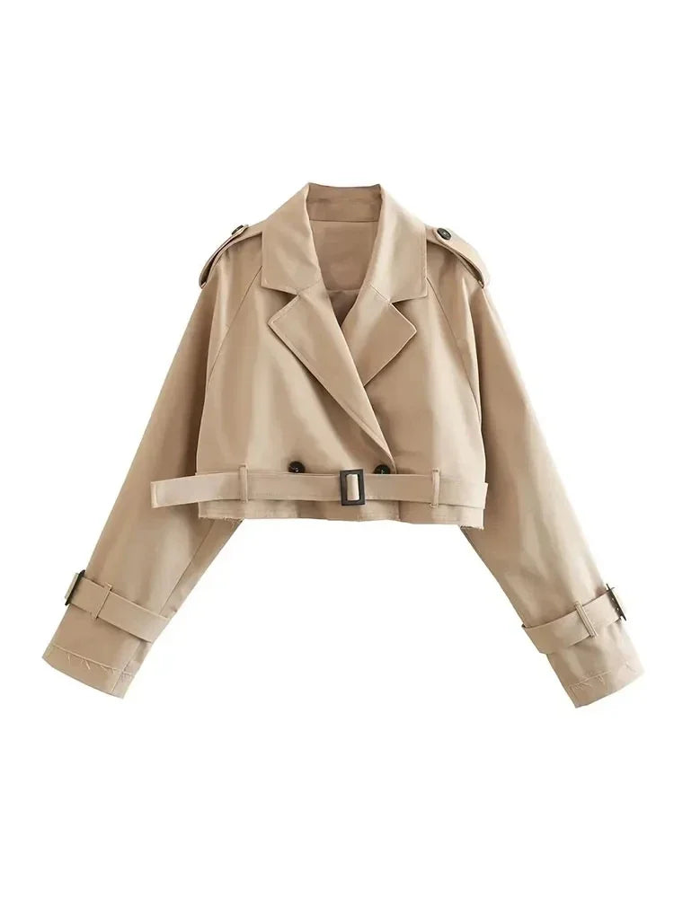 Fashion Belt Cropped Trench Spring Jacket Women Vintage Streetwear Double Breasted Long Sleeve Top Female Coat Outfits