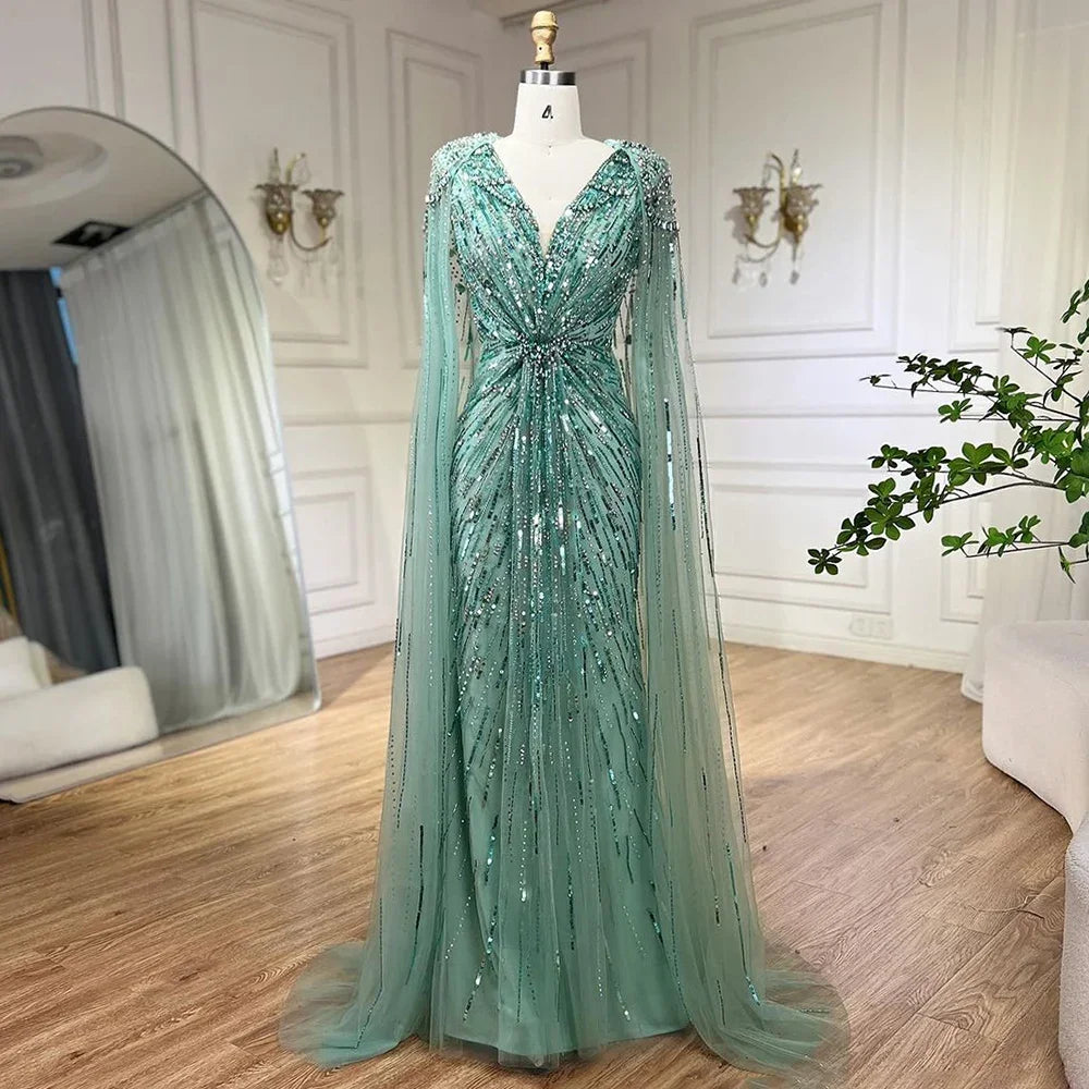 Serene Hill Turquoise Mermaid Evening Dresses Gowns 2024 with Beaded Cape Sleeves Design for Women's Wedding Party BLA72168A