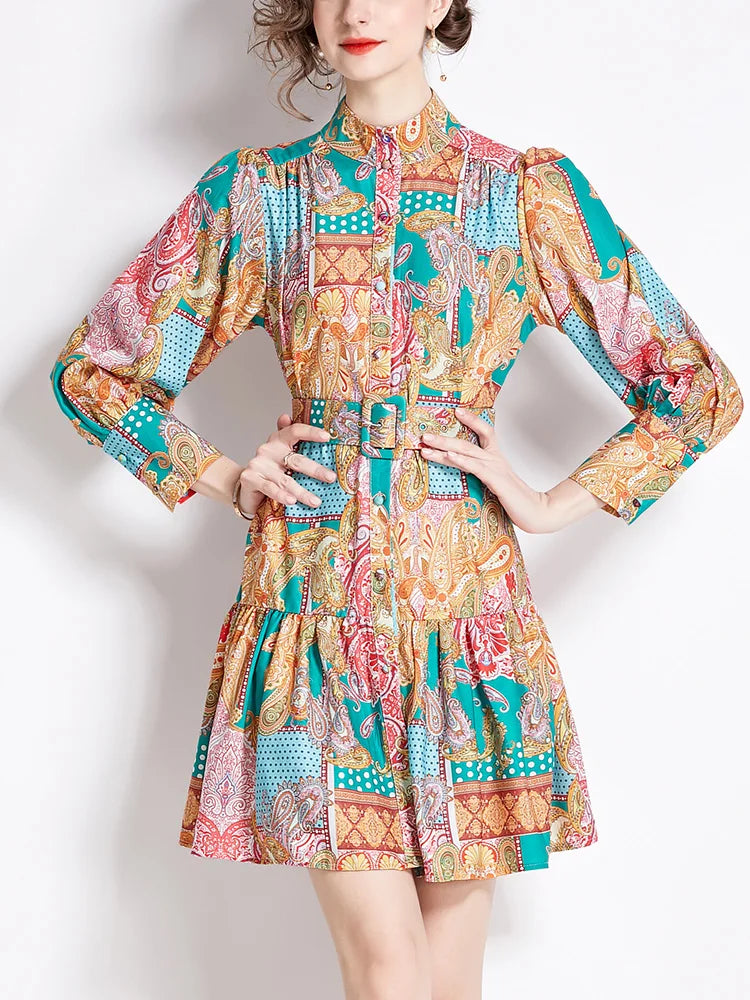 New In Dresses 2024 Spring Vintage Paisley Print Vacation Bohemian Dress Women Stand Collar Long Sleeve Mini Dress With Belt
