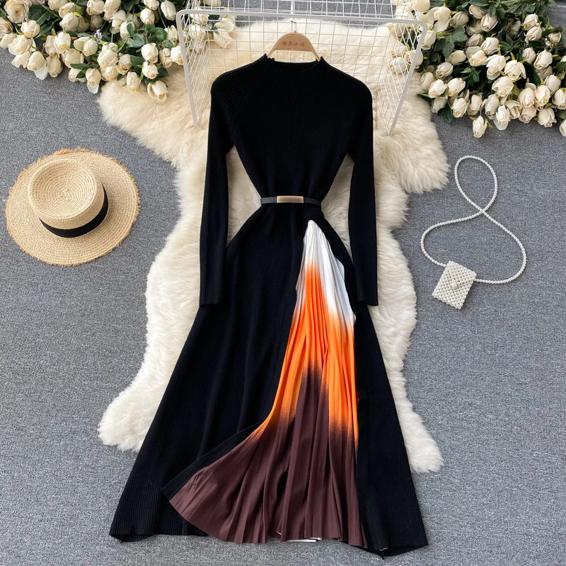 Elegant Chic Pleated Knit Dress French Long Sleeve Party Gothic A-line Vestidos High Waist Basic Slim Women Autumn Winter Dress