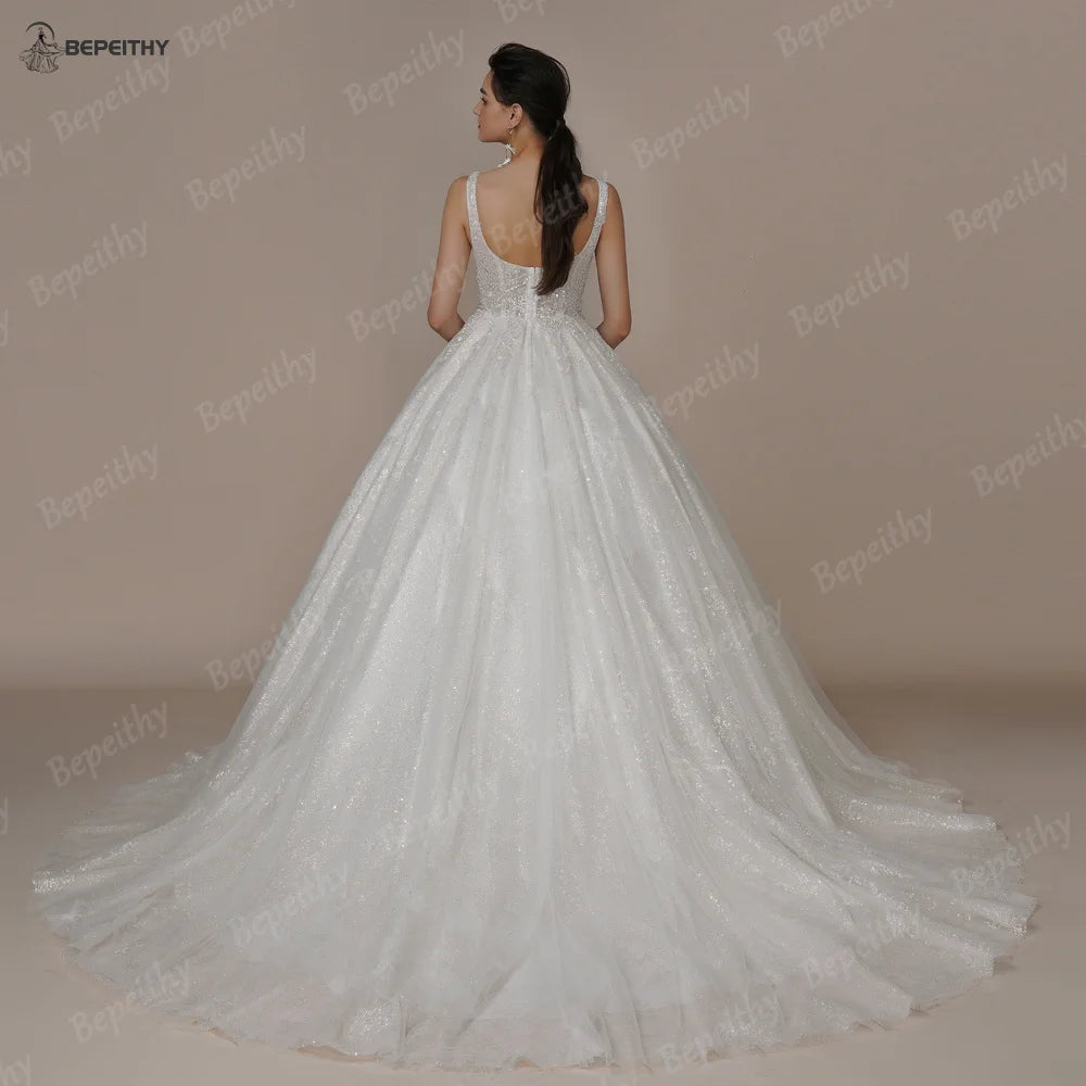 BEPEITHY Bride Luxury V Neck Crystal Wedding Dresses 2023 Sleeveless Court Train Beading Exquisite Ivory Bridal Ball Gown Spring