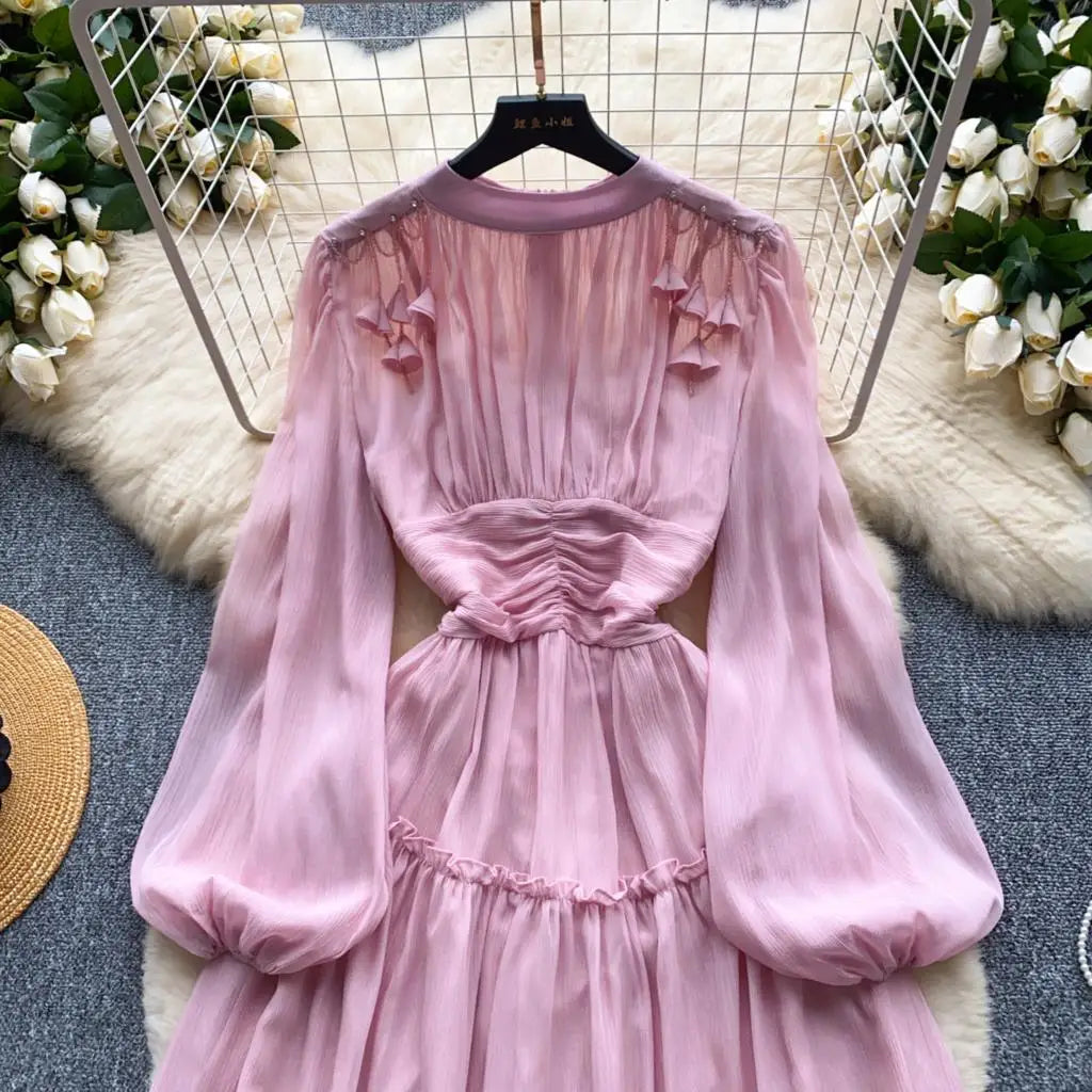 Elegant Tassel Beaded Lantern Sleeve Midi Dress Women French Stand Collar Slim A-Line Pleated Female One Piece Casual Mujer New