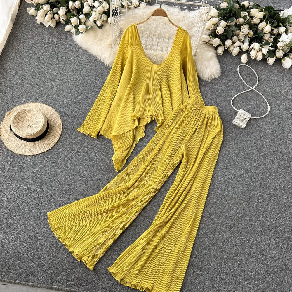 Clothland Stylish Yellow Blouse Set Two Piece Set Irregular Shirt Long Pants Pleated Women Chic Spring Suits TZ234