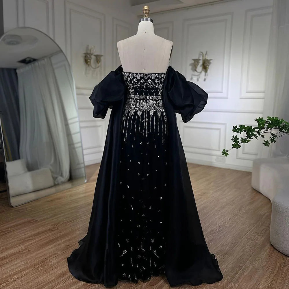 Serene Hill Black Sexy Off the Shoulder Puff Sleeves Evening Dresses Beaded Overskirt Mermaid Party Gown For Women 2023 BLA72002