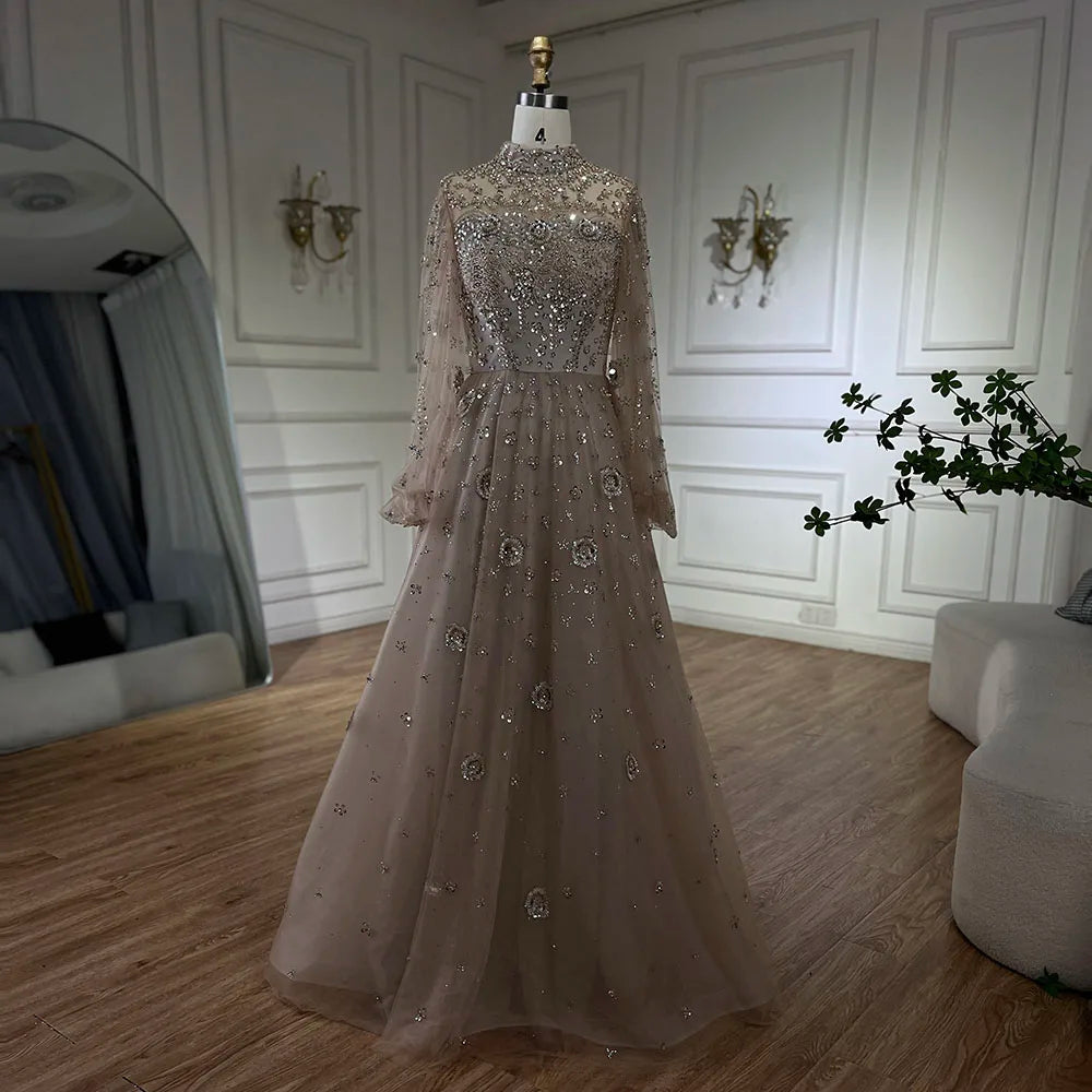 Serene Hill Muslim Nude A-Line Beaded Luxury Elegant Dubai Long Evening Gown for Women - Wedding Party 2024  LA72594
