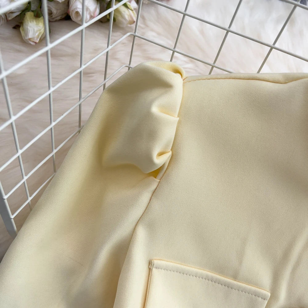 Chic Two Pieces Sets Sexy Single Breasted puff sleeve sweet blouse with Fashion basics A-line Skirt Vacation Sets