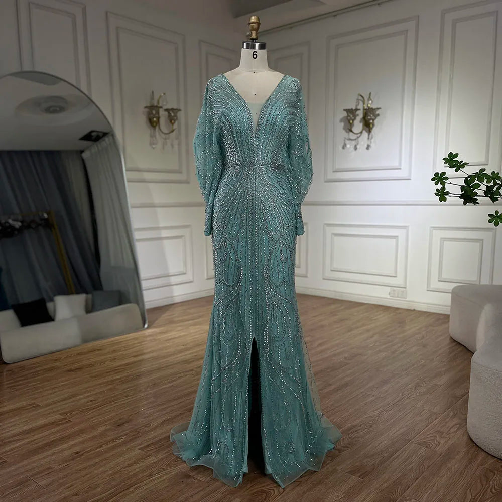 SERENE HILL 2024 Arabic Gold Elegant Mermaid Black Luxury Beaded Evening Dresses Gowns Diamond For Women Wedding Party GLA72288A